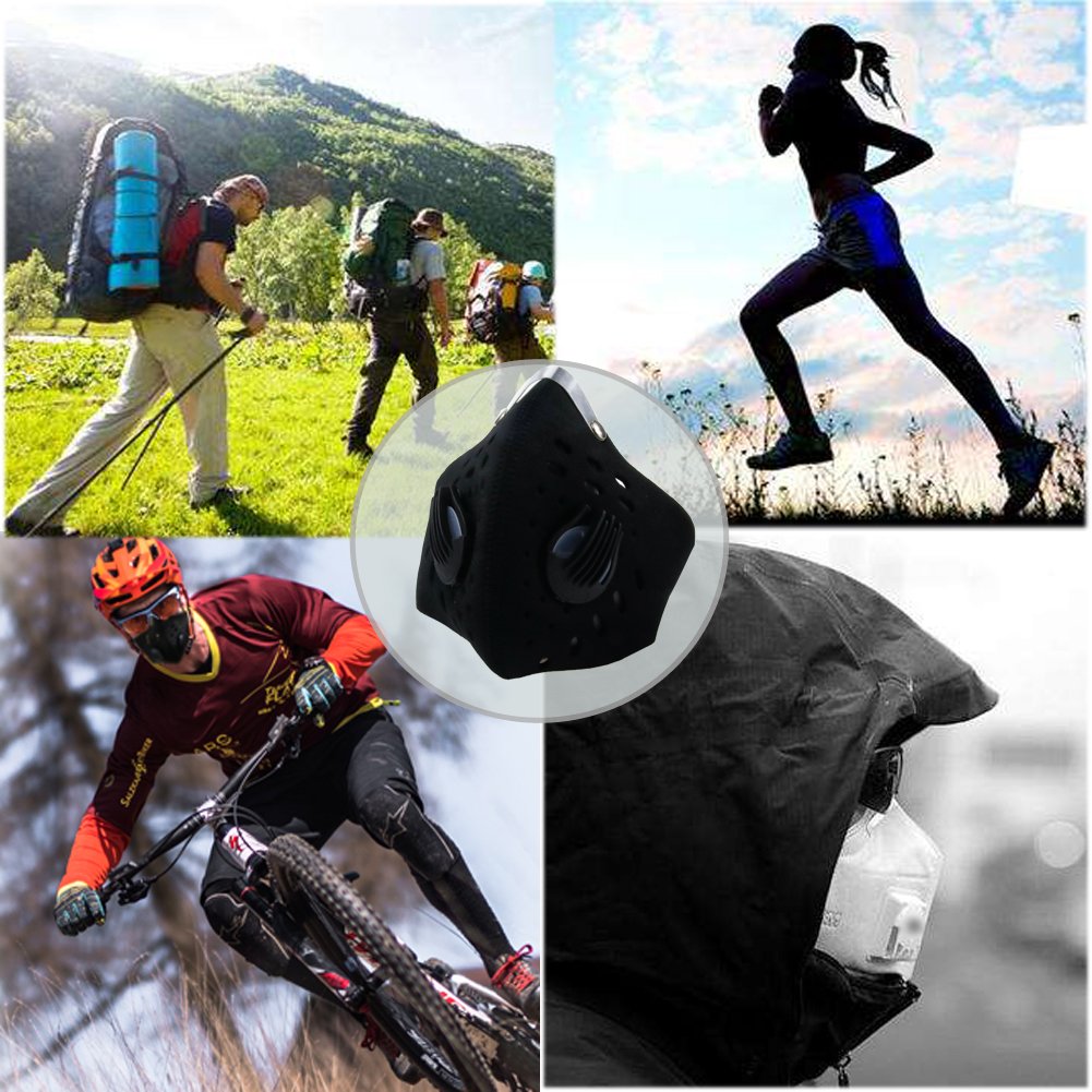 Activated Carbon Dustproof Dust Mask Filtration Exhaust Gas PM2.5 with 2 Valves 2 N99 Activated Carbon Filters for Running Cycling Outdoor Activities (Deep Black)