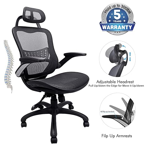 Ergonomic Office Chair 5 Years Warrenty Weight Support 300ibs High Back Mesh Office Chairs With Adjustable Headrest Backrest And Flip Up