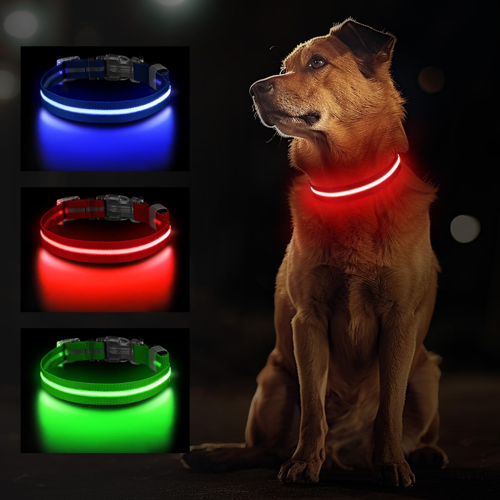 Jewyow Light Up Dog Collar, Rechargeable LED Dog Collar for Small Medium Large Dogs, Adjustable Dog Collar Light for the Dark with Waterproof, 3 Modes, Red-L
