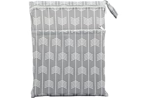 Sigzagor Medium Wet Dry Bag Baby Cloth Diaper Nappy Insert Bag Reusable Washable with Two Zippered Pockets (Grey Arrow)