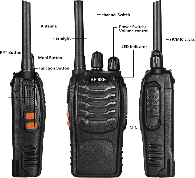 Walkie Talkie PMR446 Radio Ricetrasmettitore, 16 Canali Walkie-talkie Professionali Ricaricabili a Lungo Raggio con Auricolare e Luci LED Adatte per Sport All'Aperto, Cantiere (2 Pezzi, Nero)