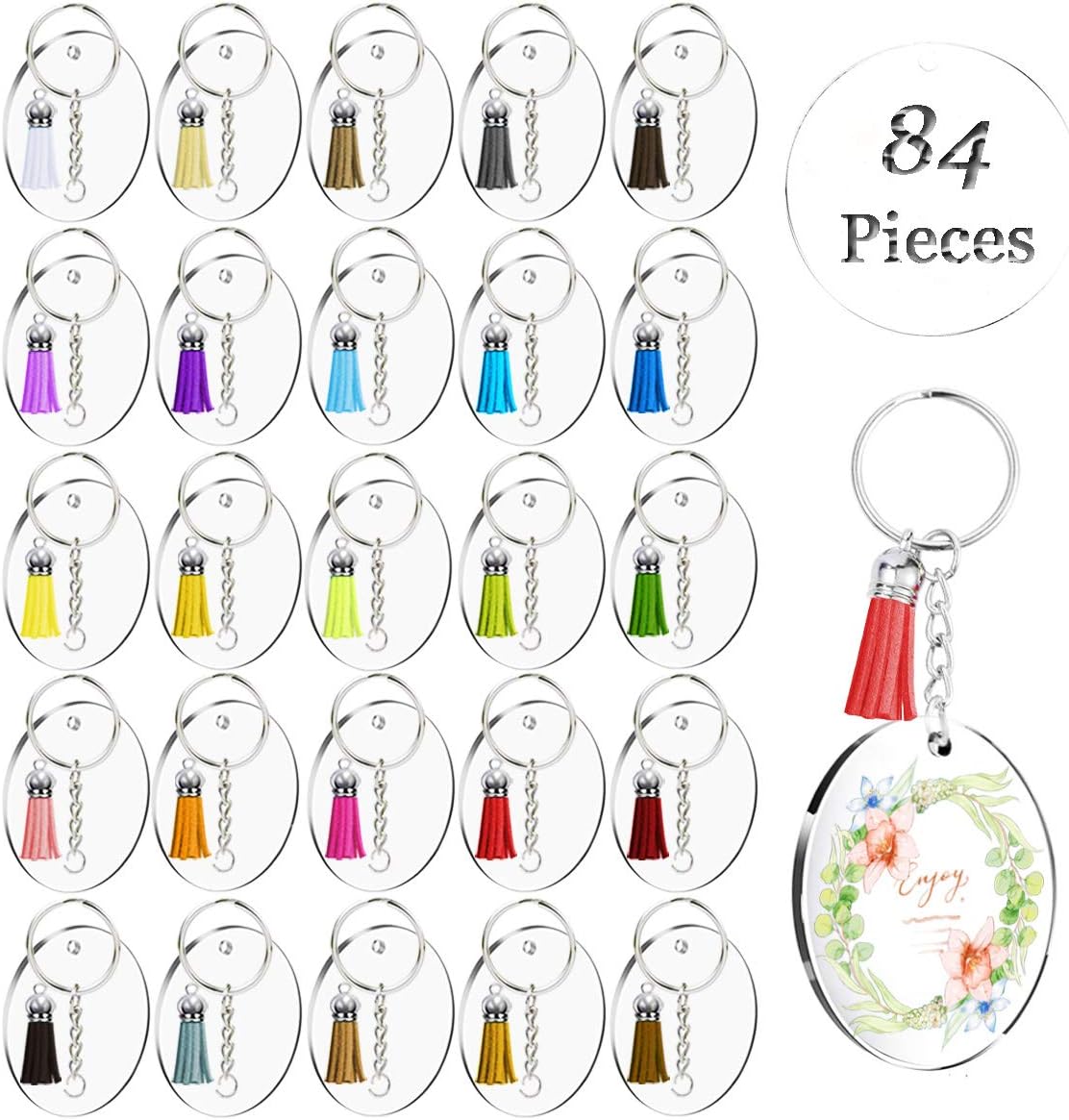BONNY BOXX28 Sets Round Clear Acrylic Discs with Key Chains and Tassels, Acrylic Keychain Blanks with Holes for Vinyl, Laser Cut Circles and Colorful Tassel Pendants for DIY Projects and Crafts