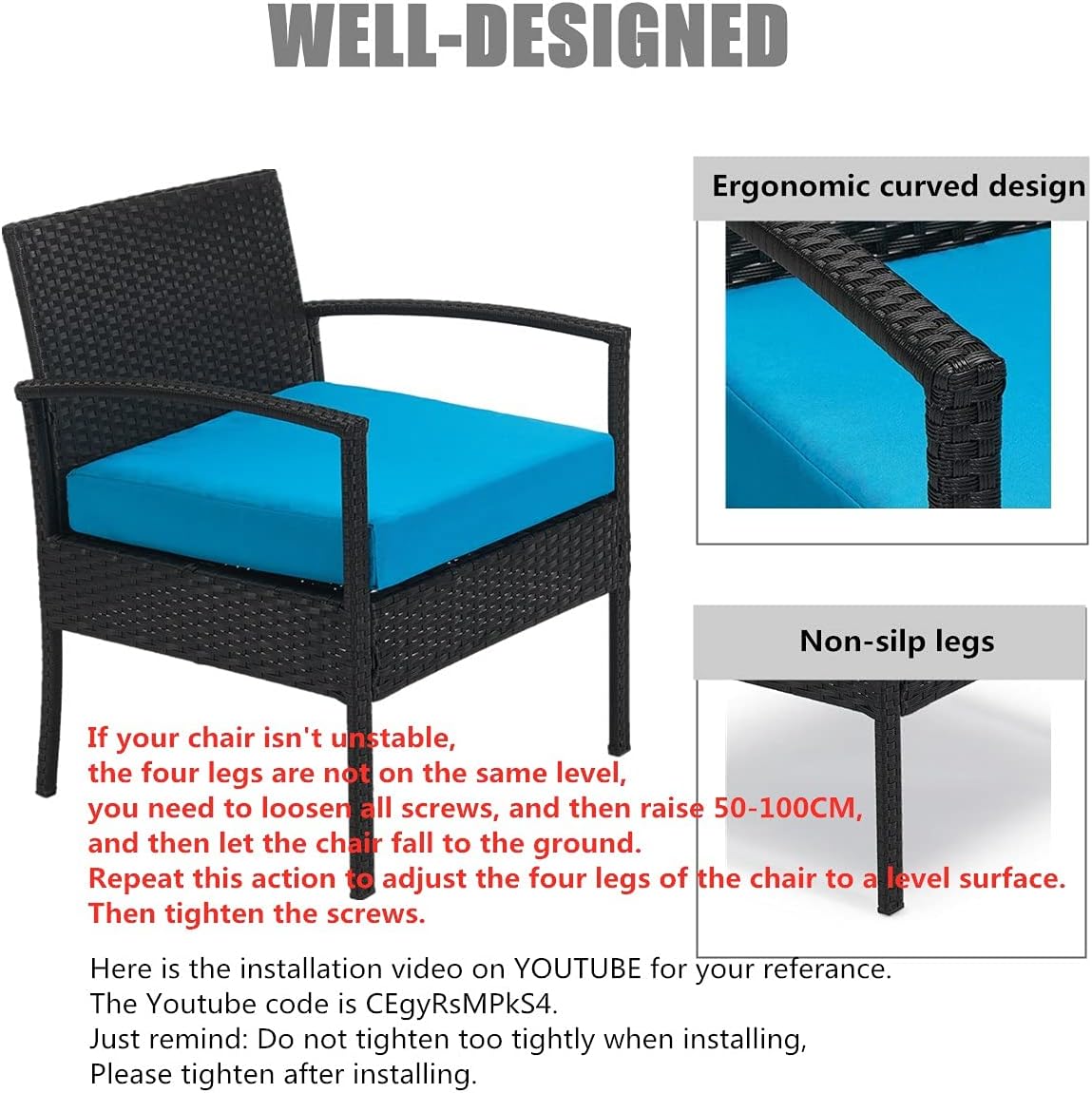 PCAFRS 3 Piece Patio Furniture Set, PE Rattan Wicker 3 Pcs, Outdoor Wicker Rattan Conversation Set with Coffee Table, Chairs & Thick Cushions, Conversation Chair Set for Garden, Porch, Poolside (Blue): Garden & Outdoor