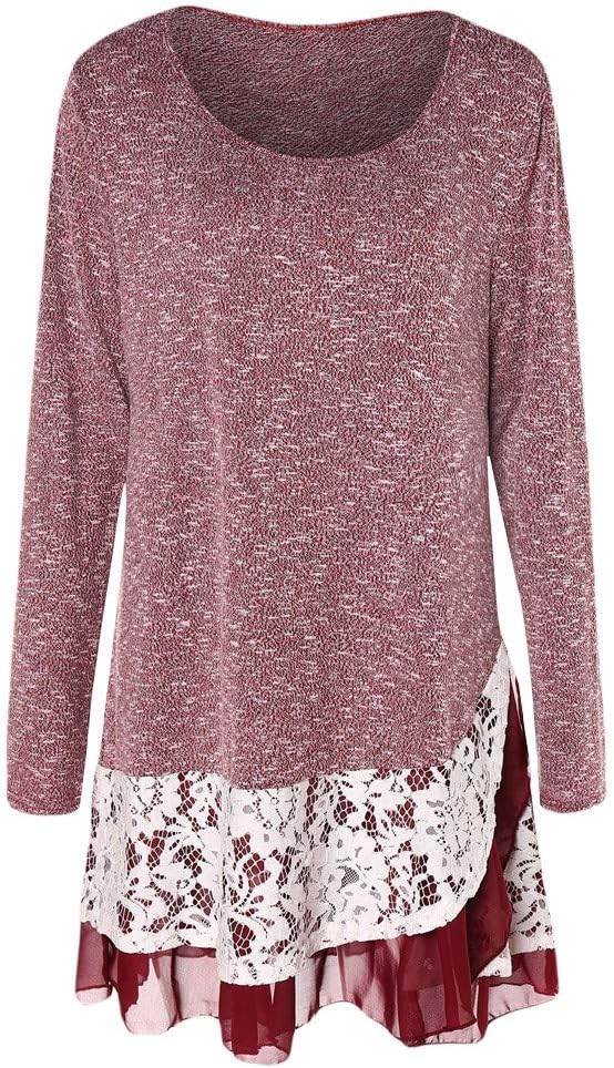 DBolomm Womens Long Sleeve Dressy Tunic Tops O-Neck Casual Lace Layered Shirts