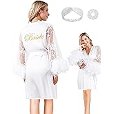 EPLAZA Women Feather Lace Bride Embroidery Robe with Hairband Hair Tie Wedding Bridal Party Satin Kimono Loungewear Sleepwear