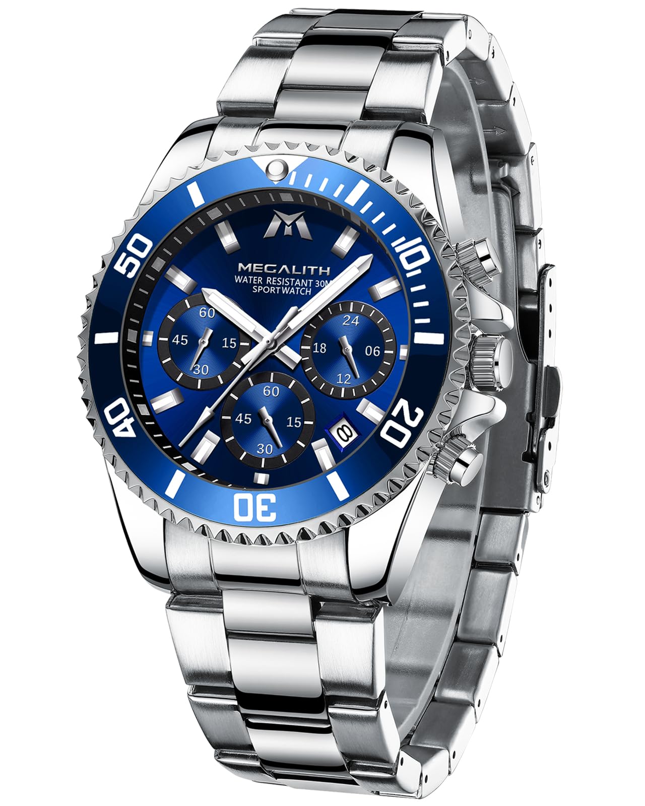 MEGALITH Mens Chronograph Stainless Steel Silver Watches for Men Designer Blue Face Waterproof Analogue Dress Luminous Date