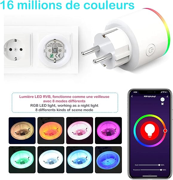 Enchufe programable inteligente WiFi LED RGB EU tipo F compatible con Alexa Google Home enchufe elctrico de 16 A con control remoto y Vocal Smart Life sin HUB