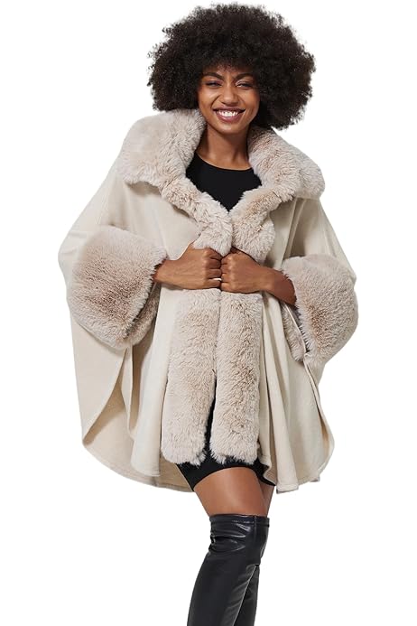 RYDCOT Poncho Sweater Women Knitted Wrap Shawl With Fringes Faux Fur Collar Shawl Wraps Cardigan Cloak Coat Knitted Winter Capes On Clearance