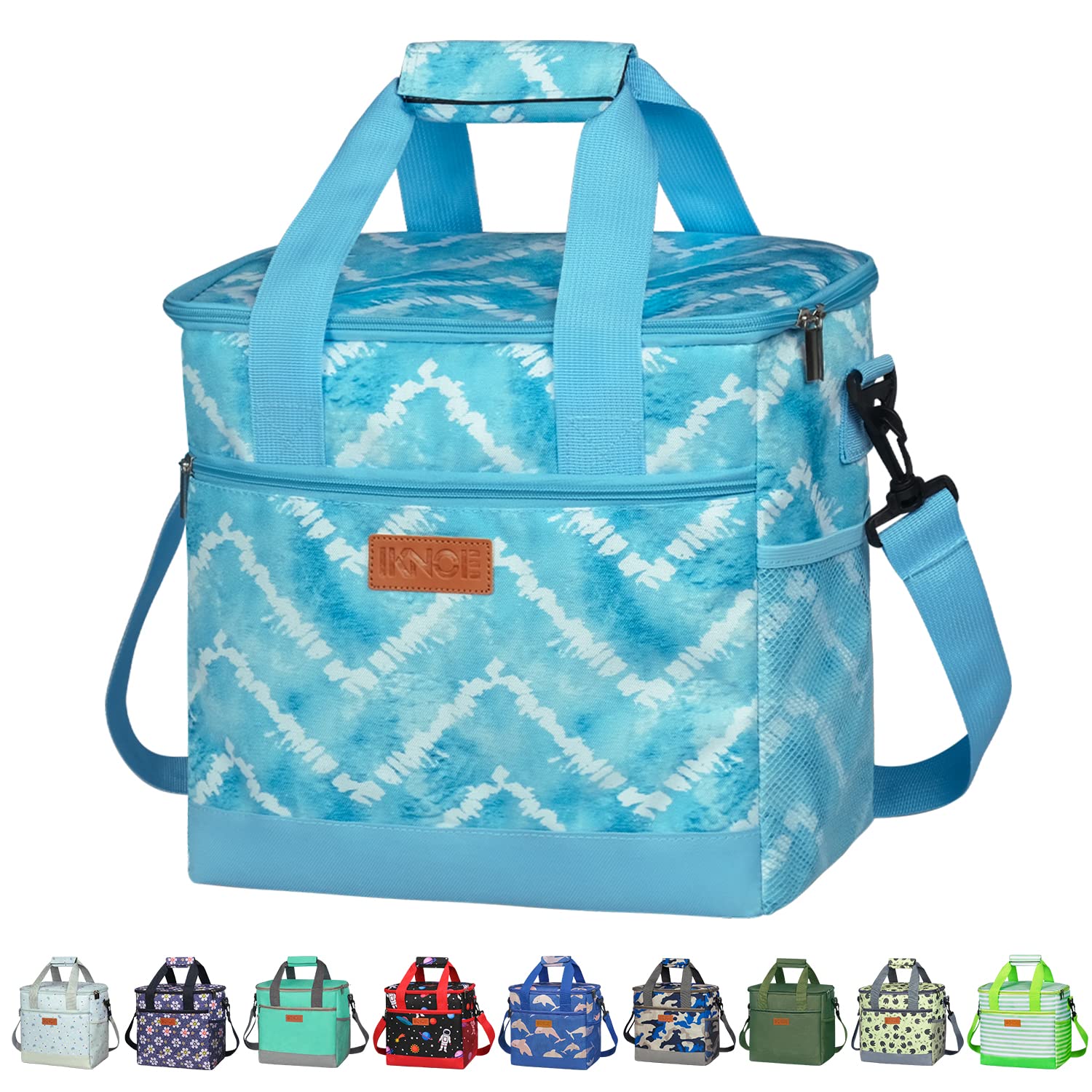 iknoe Large Cooler Bag Collapsible 24 Can Insulated Bags Leakproof Lunch Cooler Tote with Multi-Pockets for Adult Insulated Thermal Bag for Beach, Picnic, Office Work, Blue White