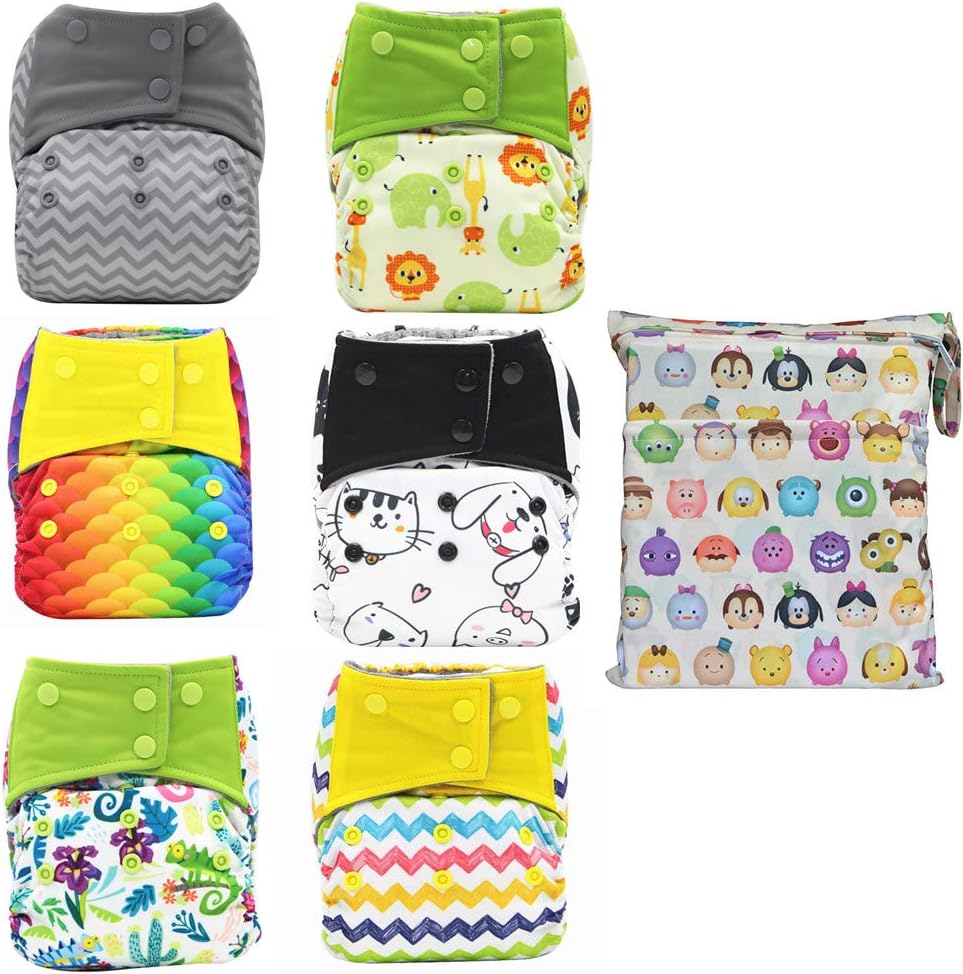 AIO Reusable Washable Cloth Diaper Nappy Charcoal Bamboo Insert Overnight (6PCS Diapers +1PC Wet Bag) (Group-A)