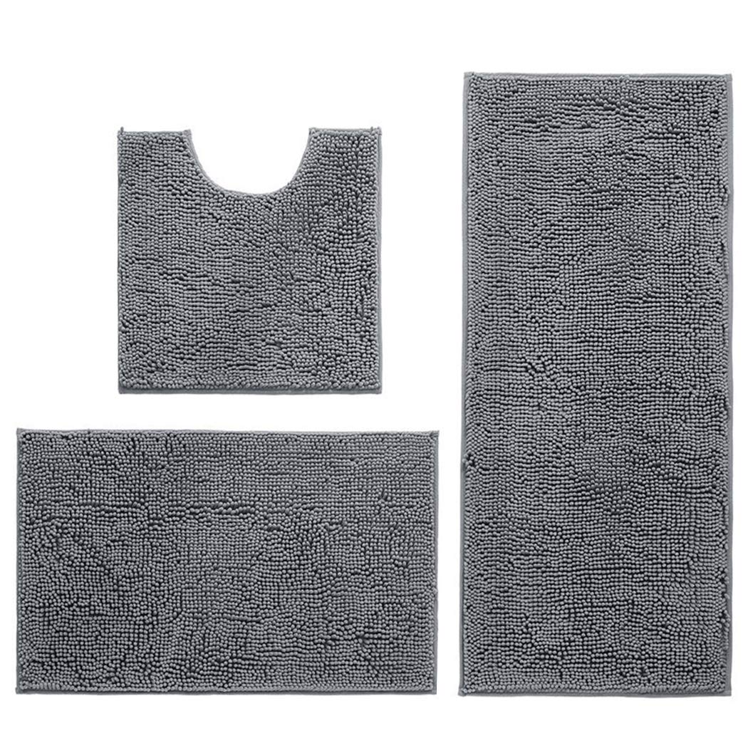 Hodeacc 3 Pcs Non Slip Chenille Bath Mat Set,High Water Absorbent Density Soft Microfiber Toilet Mat Toilet Pedestal Mat Machine Washable Bathroom Mats Carpet 50x50cm/40x60cm/50x80cm (Gray) — image 1