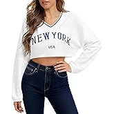 Remidoo Women's Embroidery Graphic Cropped Sweatshirt V Neck Loose Long Sleeve Crop Top