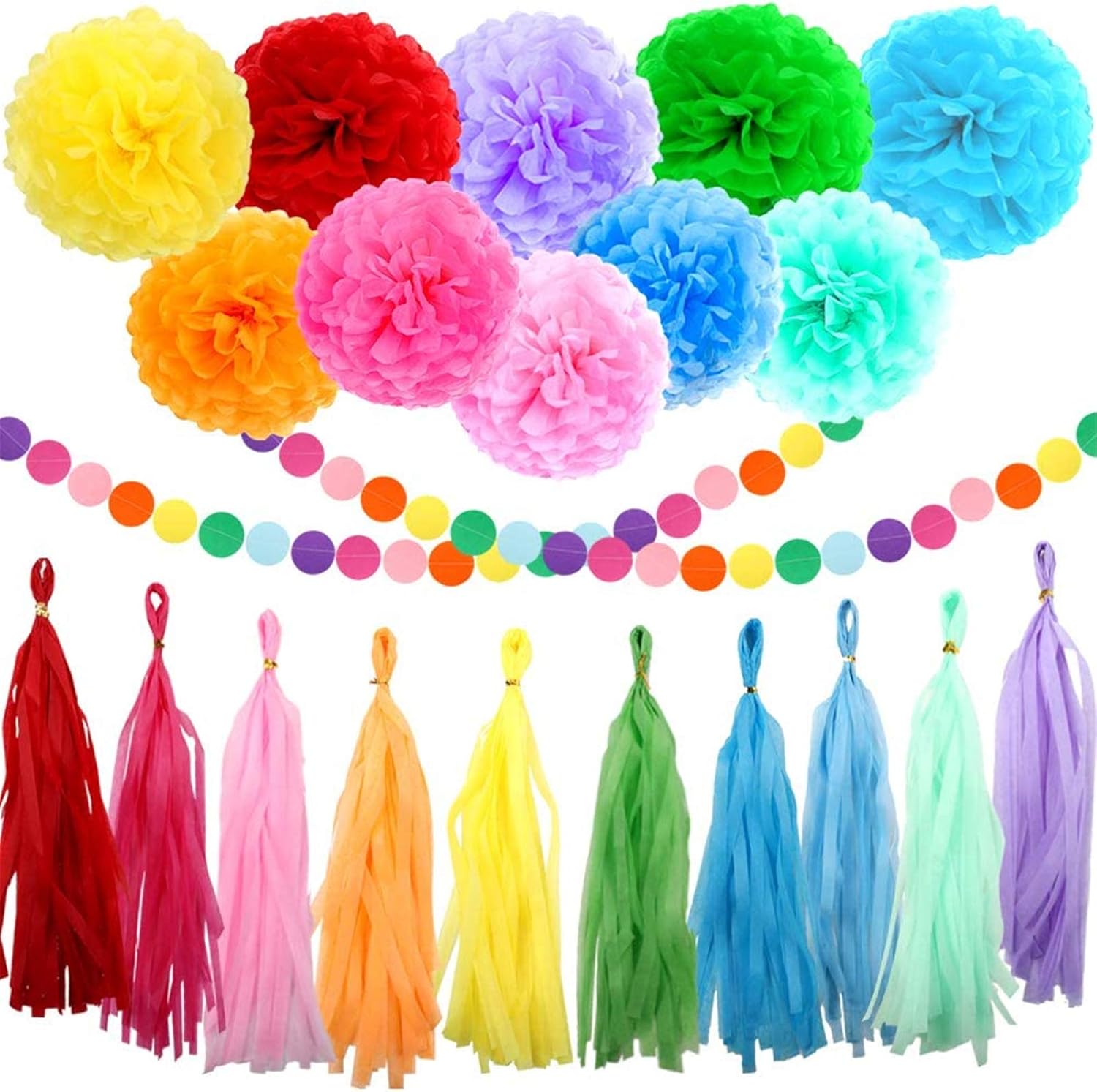 ZJHAI 61pcs Rainbow Party Decoration Tissue Paper Pom Poms, Tassel Garland and Circle Dots Hanging Decorations: Toys & Games