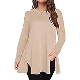 Afibi Crew Neck Long Sleeve Tunic Tops for Women Loose Fit Dressy for Leggings with Side Split