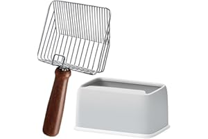 Morrean Metal Cat Litter Scoop with Holder, Stainless Steel Litter Scooper, Kitty Poop Scooper with Wooden Handle, Fast Sifting & Fine Sifting, Heavy Duty Deep Shovel - Silver with Gray Holder