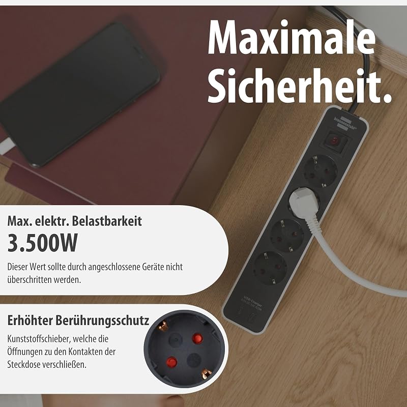 Ecolor Steckdosenleiste 4-Fach mit USB-Ladebuchse