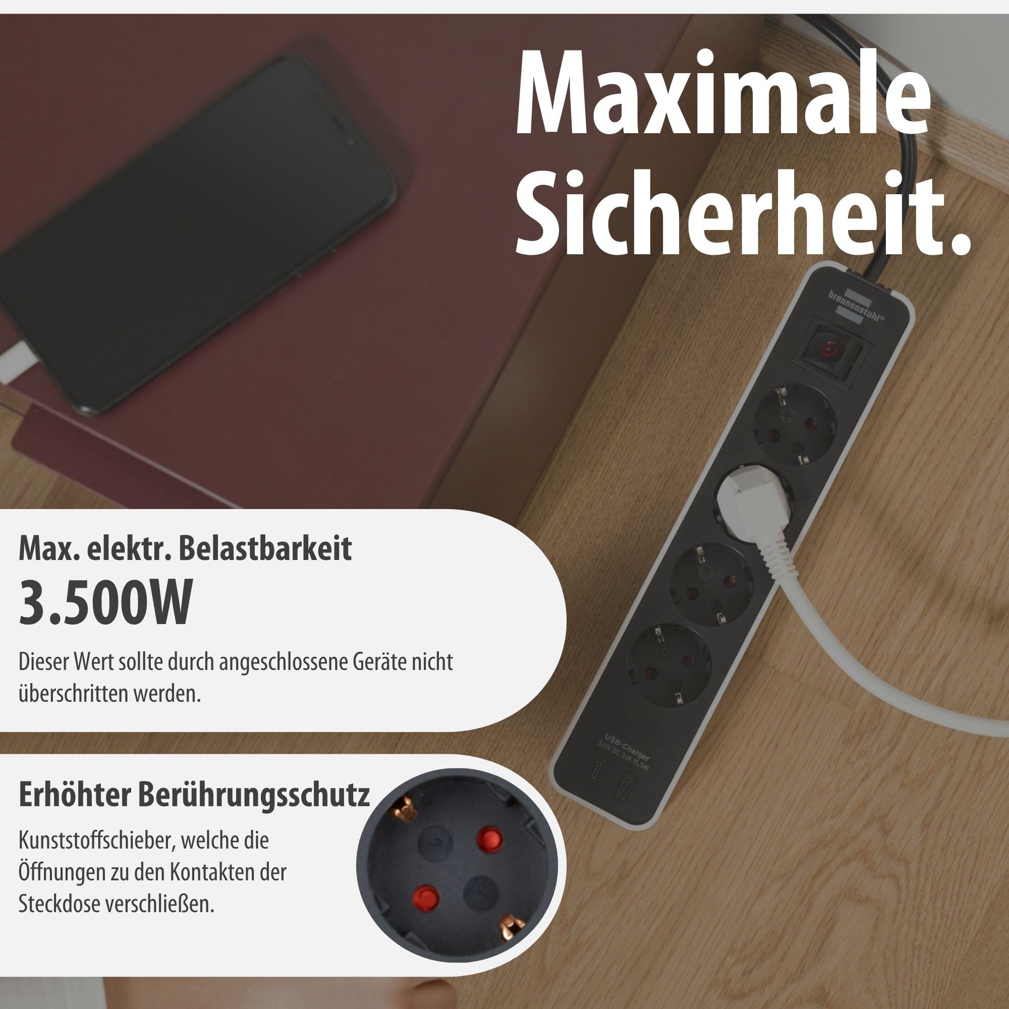 Brennenstuhl Ecolor Steckdosenleiste 4-Fach mit USB-Ladebuchse (Mehrfachsteckdose mit 2X USB C, Schalter und 1,5m Kabel) weiß/schwarz 5
