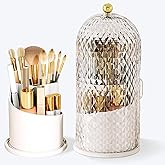JIANGLAI Makeup Brush Holder with Lid, 360 Rotating Multifunction Clear Dustproof Skincare Cosmetic Tools Storage Organizer for Vanity Desktop Bathroom Countertop (White)