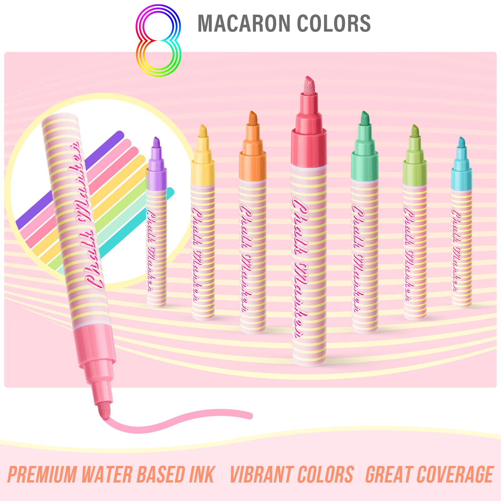 Pastel Chalk Markers Erasable for Chalkboard, Liquid Chalk Marker 8 Colors with 6mm Reversible Bullet & Chisel Tip, Dust Free Chalk Pens for Window, Blackboard, Whiteboard, Calendar, Mirror, Glass
