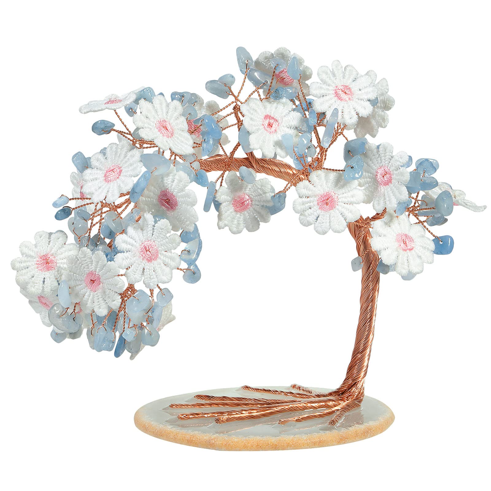 Nupuyai Aquamarine Flower Crystal Money Tree with Agate Slice Base, Good Luck Fengshui Figurine Healing Stone Tree Ornament for Home Office Wedding Decor