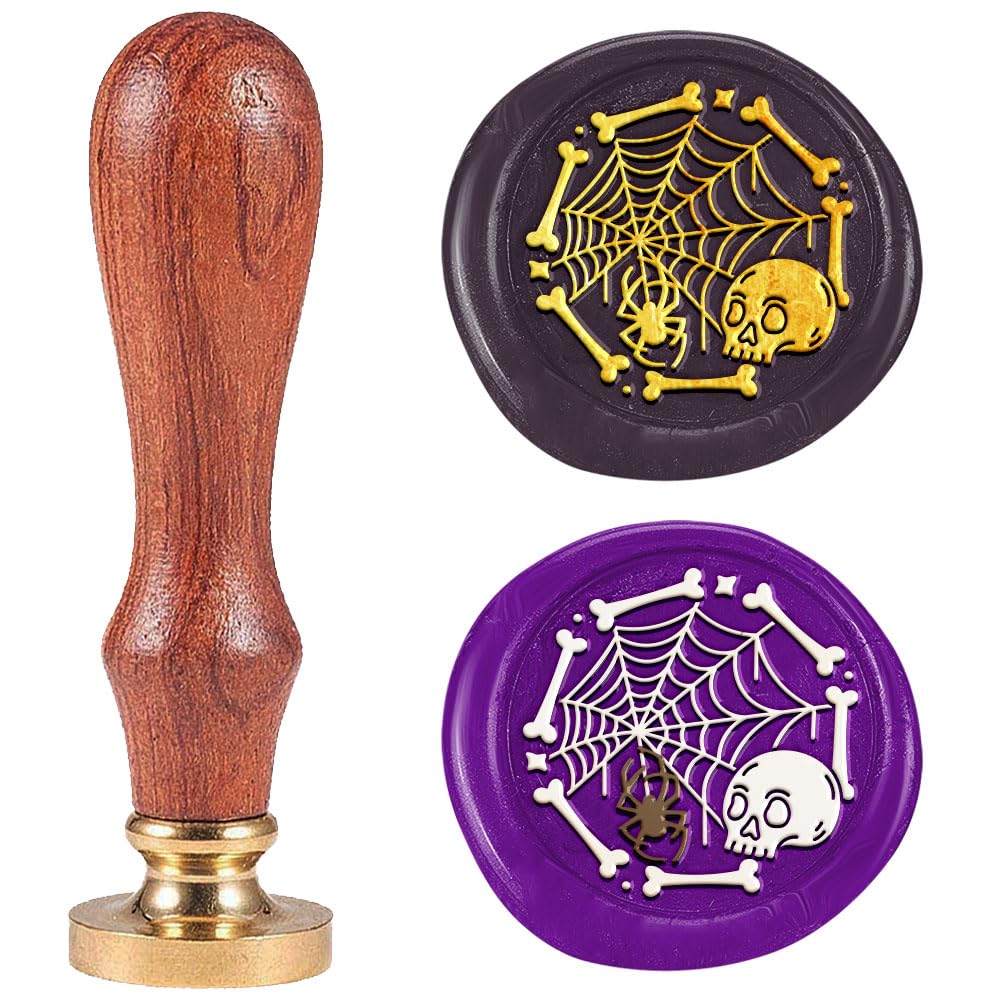 DELORIGIN Halloween Spider Web Skull Wax Seal Stamp Vintage Sealing Stamps 1" Removable Brass Head Seal Stamp Wooden Handle for Envelope Greeting Card Letters Halloween Invitations Gift Wrapping
