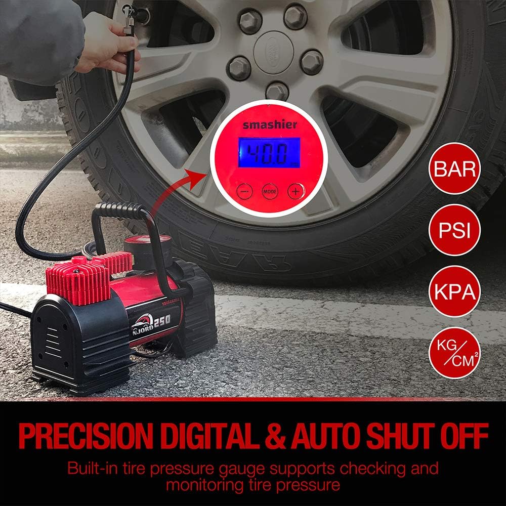 Portable Air Compressor Tire Inflator - 12V DC Heavy Duty Digital Pump with 9 LED Light for Car/Motorcycle/Air Matress, 3.7M Extended Cord Upgraded Quick Connector,Fast Inflation,Multitool Incl: Automotive