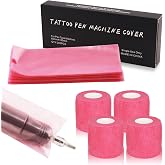 204PCS Tattoo Pen Covers Kit - 200pcs Disposable Tattoo Machine Covers | with 4pcs Non-Slip Grip Tape, Pink Protective Sleeves for Tattoo Machines and Studio Artists