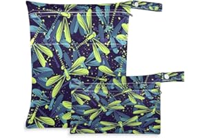 AUUXVA Waterproof Wet Dry Bag 2 Pack Dragonfly Art Painting Cloth Diaper Bag Organizer Pouch Set with Zipper Pocket Washable Wet Bag for Travel Hiking Swimsuit