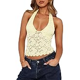 Women Sexy V Neck Lace Halter Top Backless Sheer Mesh Y2k Trendy Going Out Tops