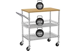 BOLDUCK 3 Tier Rolling Kitchen Carts on Wheels with Storage,650Lbs Heavy Duty Utility Carts with Wheels,Kitchen Island with Wood Tabletop,Metal Serving Rolling Cart for Small Appliance Food Cart,Wood+Metal