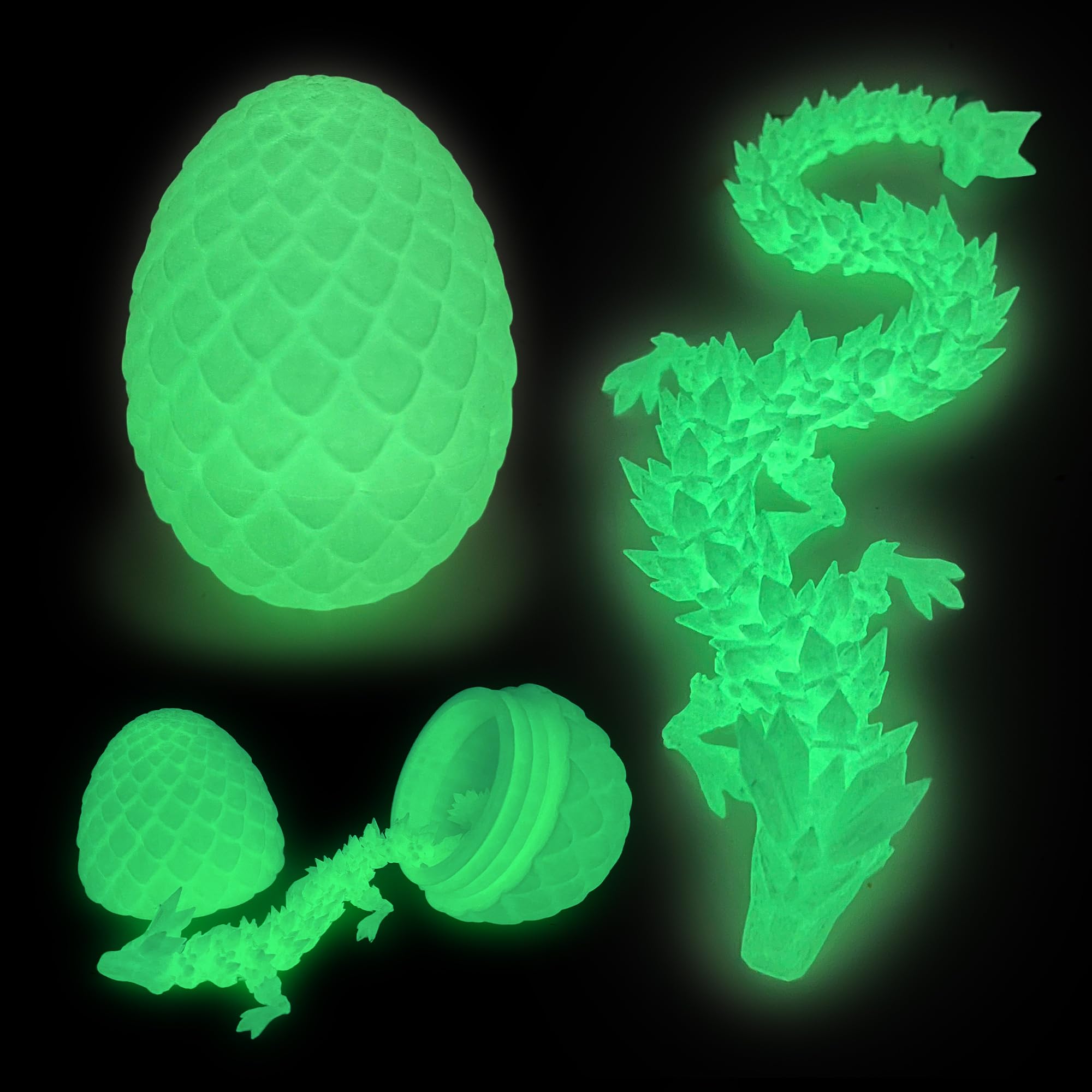 Flavery 3D Printed Dragon Egg - with 12" Flexible Crystal Dragon Inside, Colorful Fidget Toy, Birthday Gift, Desk Pet Figure (Glow Green)