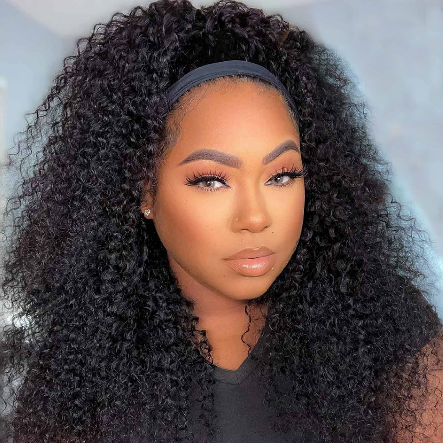 Headband Wig Brazilian Human Hair Wig For Black Women 18 inch HumanHair Kinky Curly Wigs for Black Women Glueless None Lace FrontWig 150% Density Real Hair Wigs Human Hair
