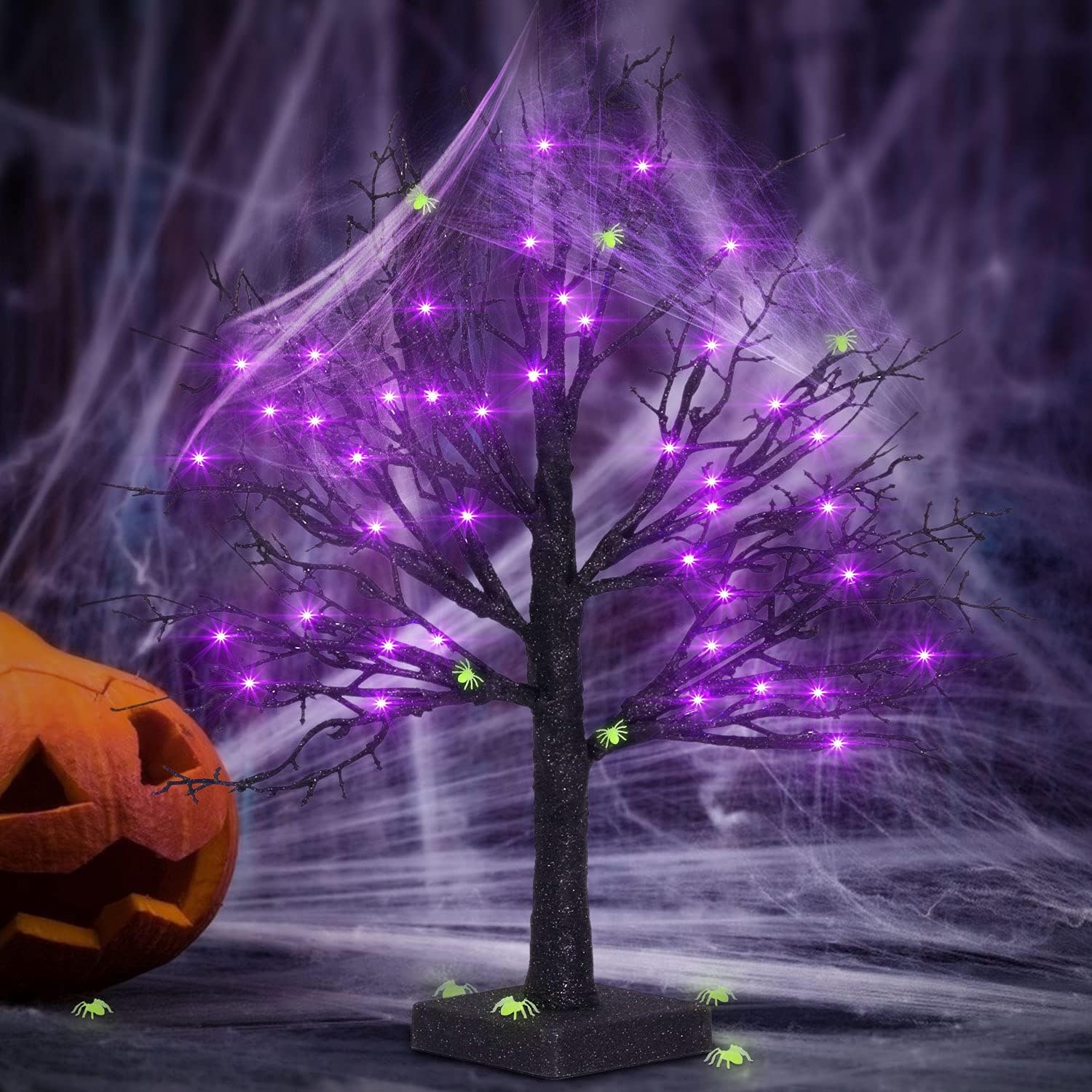 Trees - FastDeng 36 Purple LEDs Black Halloween Tree, 1.5Ft Black Glitter Spooky Tree with Spider Web and 10 Luminous Spiders, Battery Powered Timing Tabletop Tree for Indoor Outdoor Halloween Decoration