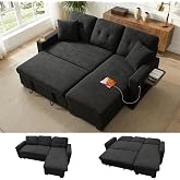 KCGKCG 82" L Shaped Sleeper Sofa Bed, Pull Out Sectional Couch with Storage Chaise/Reclining Backrest, Sectional Couches for Living Room with USB Port, Foldable Table, Cup Holder, Side Pocket, Black