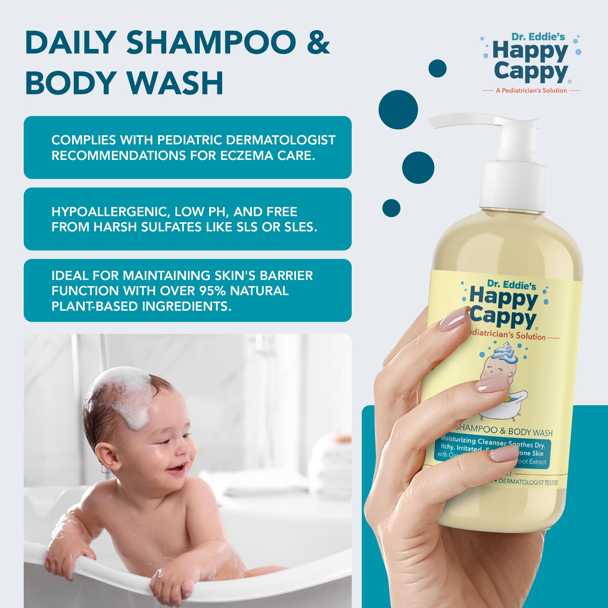 Happy Cappy Three Step Skincare Solution Bundle- Baby Dandruff Shampoo, Eczema Body Wash and Lotion for Kids & Toddlers, Moisturizing Cream, Reduces Itching, Dermatologist Tested, Fragrance-Free