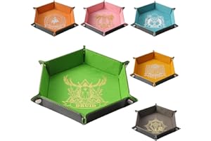 Grajar 6 Pcs DND Dice Tray with Characters Pattern for RPG D&D Table Games - Folding PU Leather and Velvet Rolling Holder Storage Box