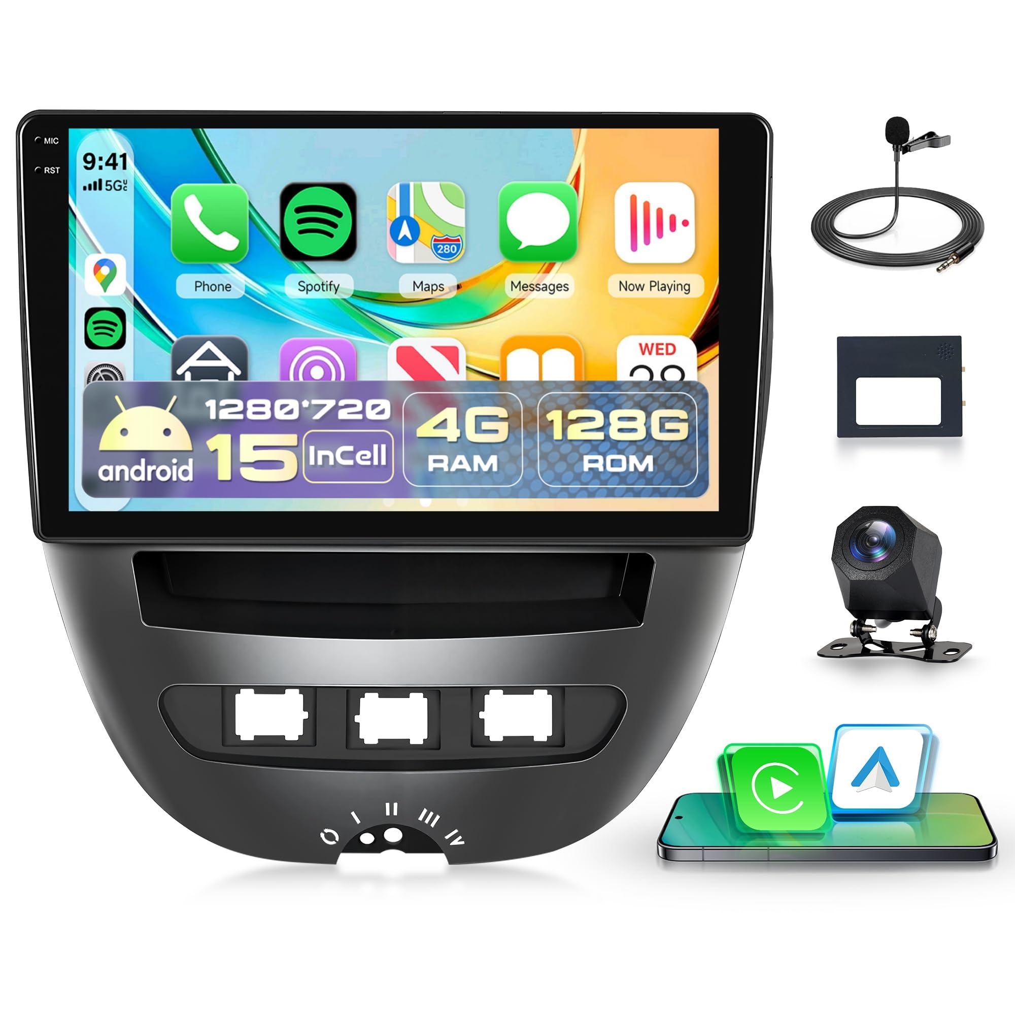 Rimoody 4G+128G for Citroen C1/Peugeot 107/Toyota Aygo 2004-2014 Car Stereo Wireless CarPlay Android Auto, Android Car Radio 10.1'' In-Cell Touch Screen/GPS/Bluetooth/FM RDS/EQ/Wi-Fi/Rear Camera