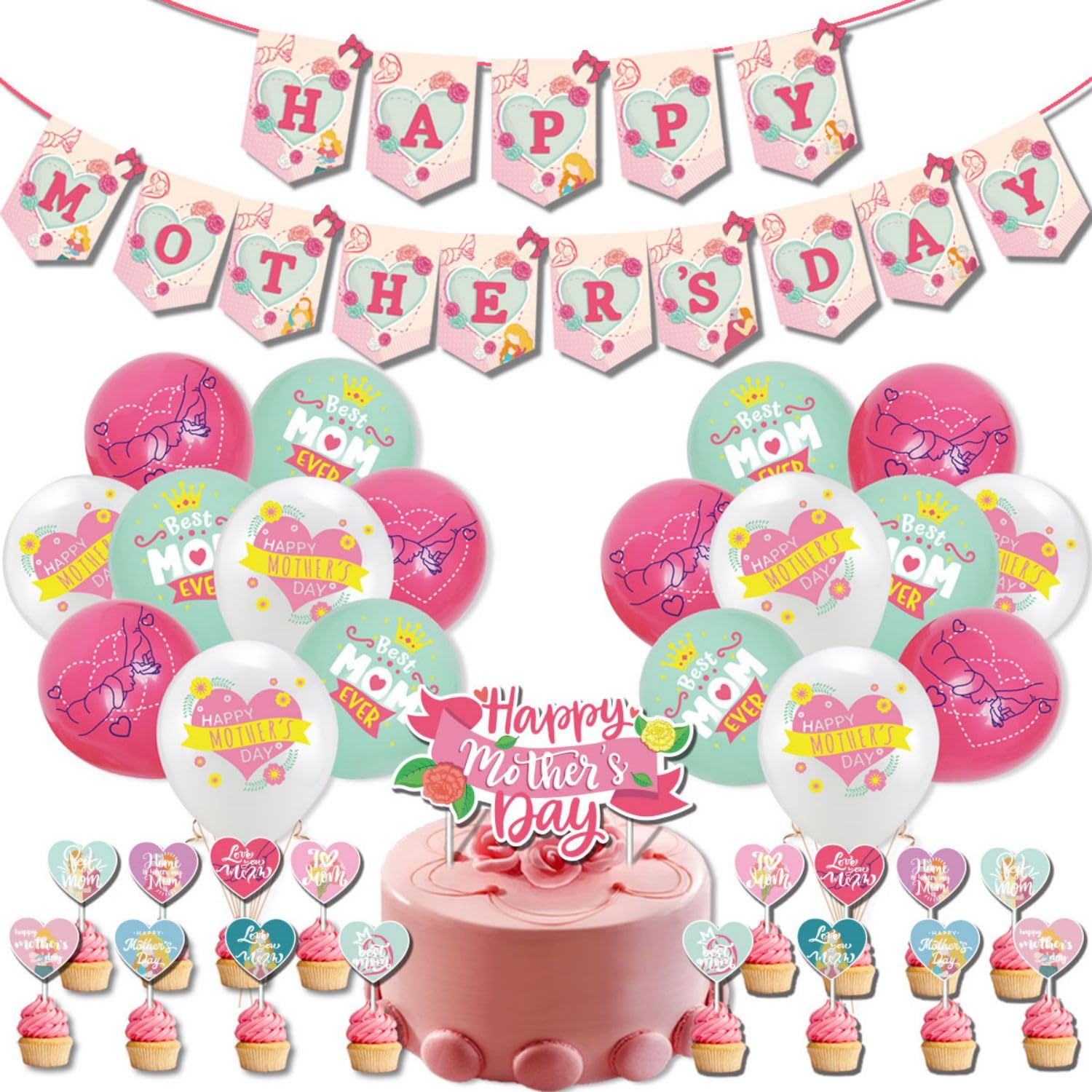 Wonlonda Mother'S Day Decoration Balloons Kits Best MOM EVER Balloons Cake Topper Mother's Day Party Supplies Happy Mother'S Day Banner Latex Balloon