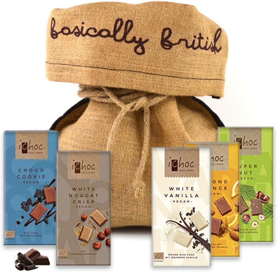 Ichoc Vegan German Chocolate Bars Mixed Case Selection | 5 x 80g | (Ichoc Vegan German Chocolate Bars Mixed Case in a Rustic Burlap Bag)