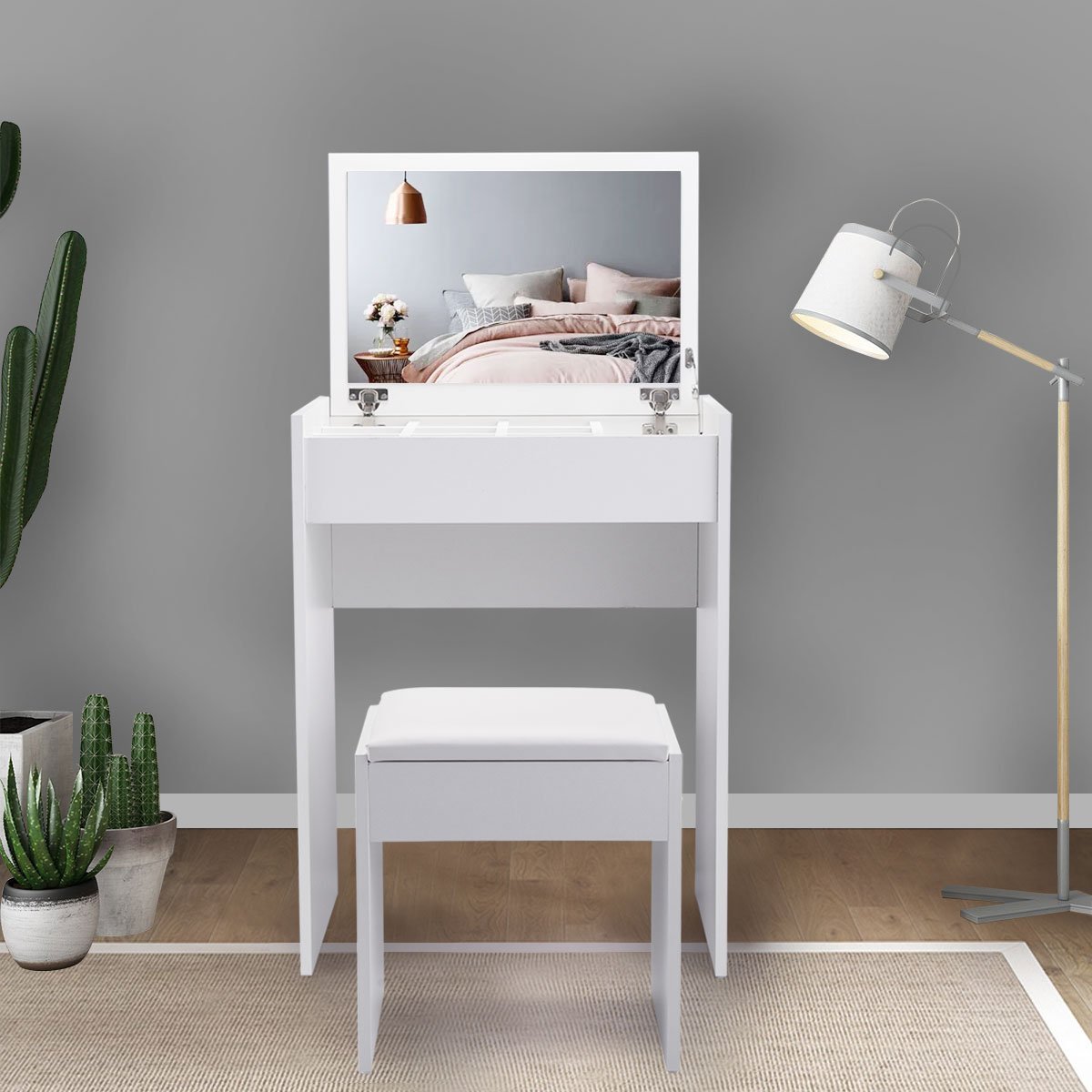 Jaxpety Vanity Makeup Table Set With Flip Top Mirror Cushioned Stool Makeup Dressing Table With Organizers White Home Kitchen Furniture