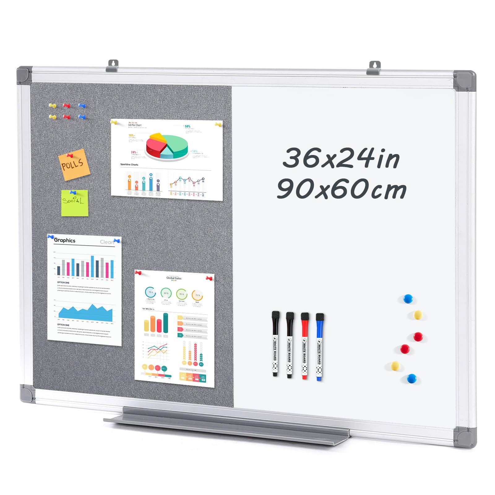 MAKELLO Bulletin Notice Boards Combination Felt & Magnetic Board, Aluminum Frame, 90X60CM