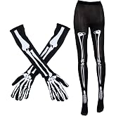 Jocomoni Halloween Skeleton Costume Set, Long Arm Full Finger Skeleton Gloves and Socks Horror Halloween Costume Accessories for Women Halloween Party Supplies