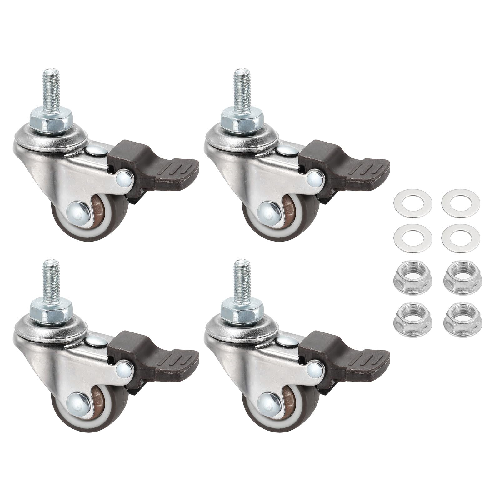 PATIKIL 1 Inch Mini Swivel Caster Wheels with Brake, 4Pcs M6x15mm TPE Rubber Threaded Stem Casters Load Capacity 99 Lbs with Tool Set for Furniture Trolley Cart, Brown