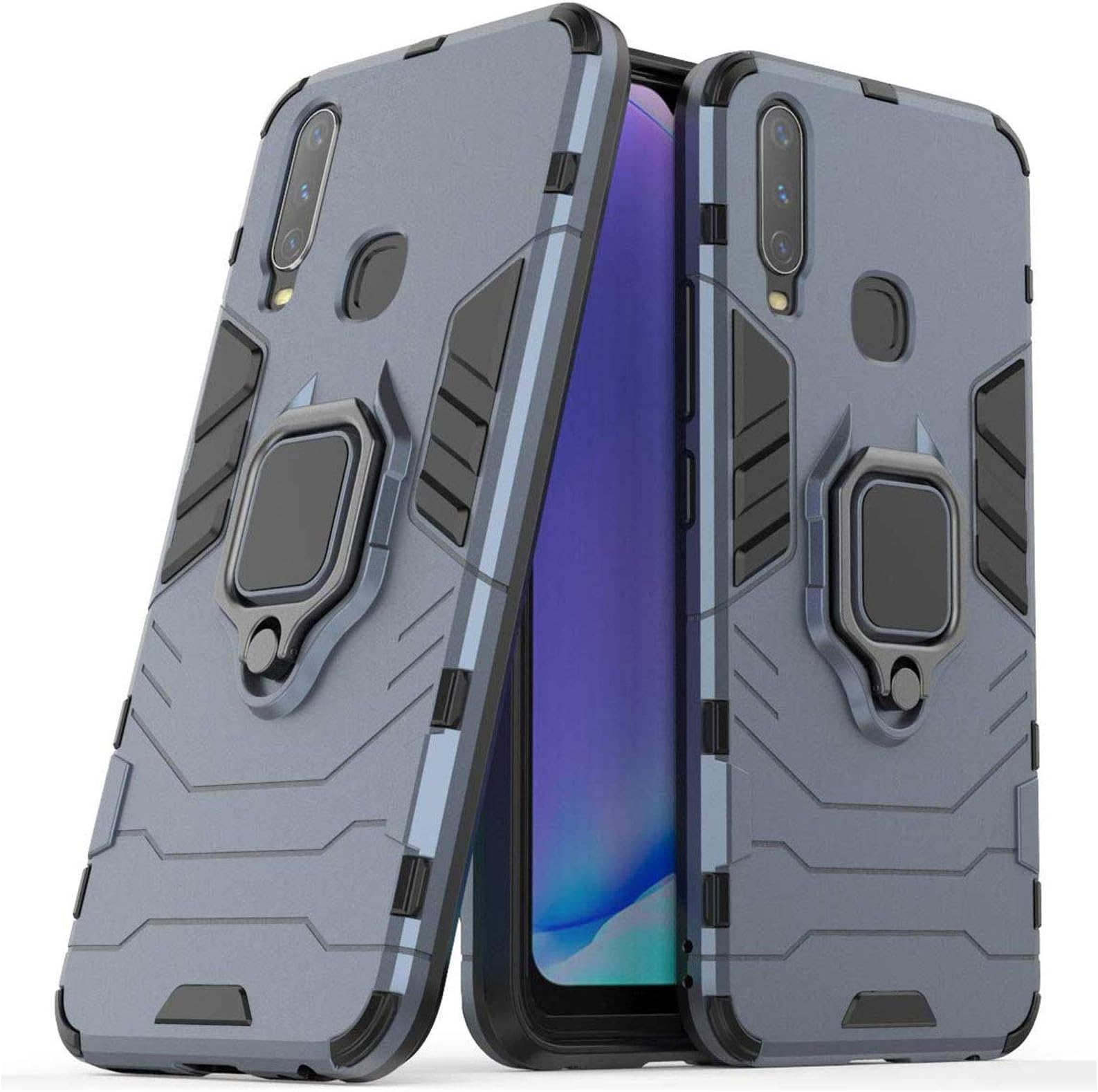 TecKraft Tactical Hybrid Cover Metallic Kickstand Hard Back Bumper Case for Realme U10/Y17 (Matte Blue)