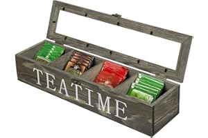 MyGift Vintage Gray Wood Tea Box Organizer Storage Box with 4 Compartments, Tea Bags and Condiments Chest with Lid with Latch
