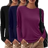Sweetyweee 3 Pack Women's Cotton Long Sleeve Shirts, Crew Neck Casual Fitted Tops Rolled Hem Slim Layer Basic Tees Blouses(Fuchsia, Navy Blue, Black,Large)