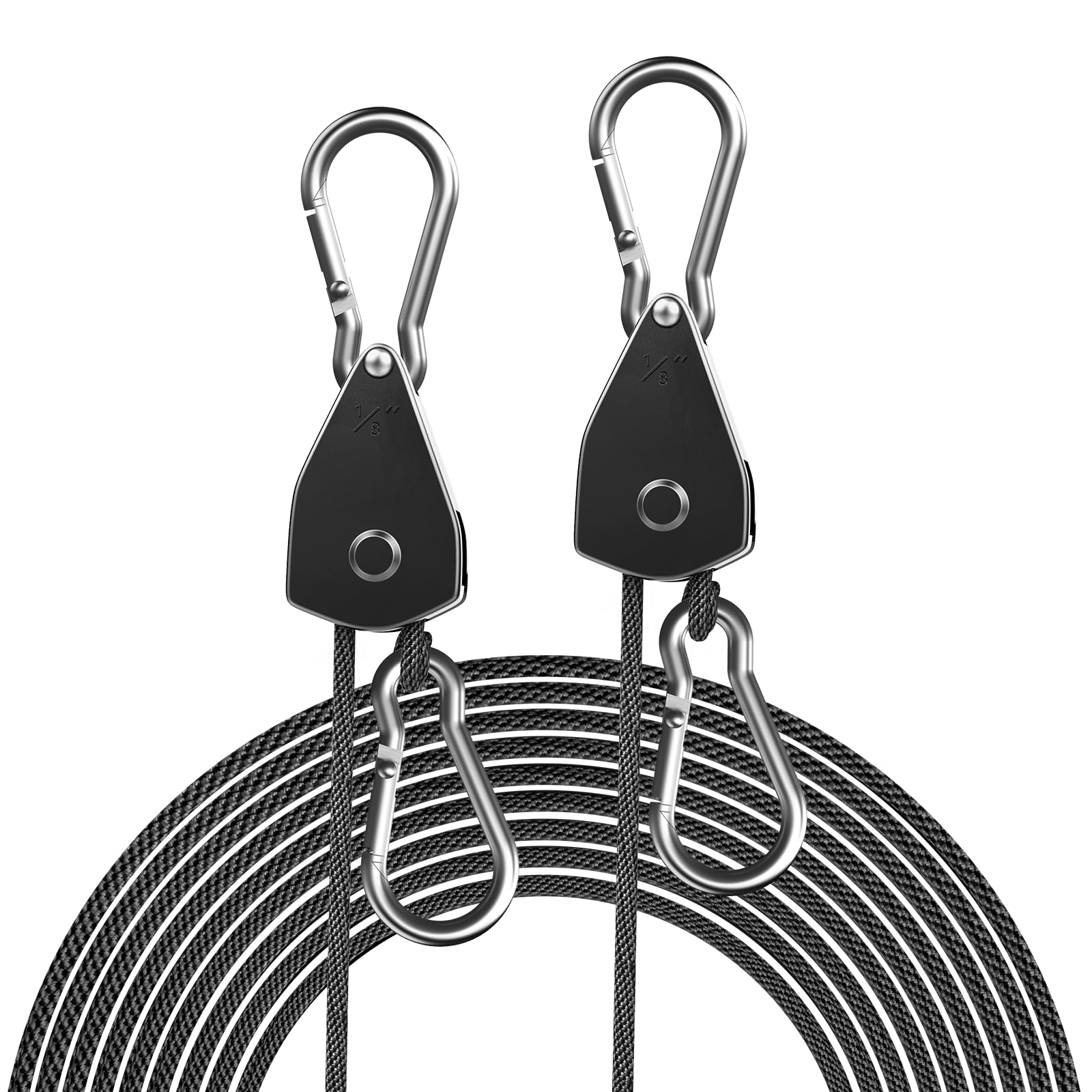 2-Pack 1/8” Adjustable Rope Hanger, Heavy Duty Ratchet Tie Down Strap with Reinforced Metal Gear, Ratcheting Pulley System Bungee Cord for Hanging Plants Grow Light and Various Tie-Down Uses