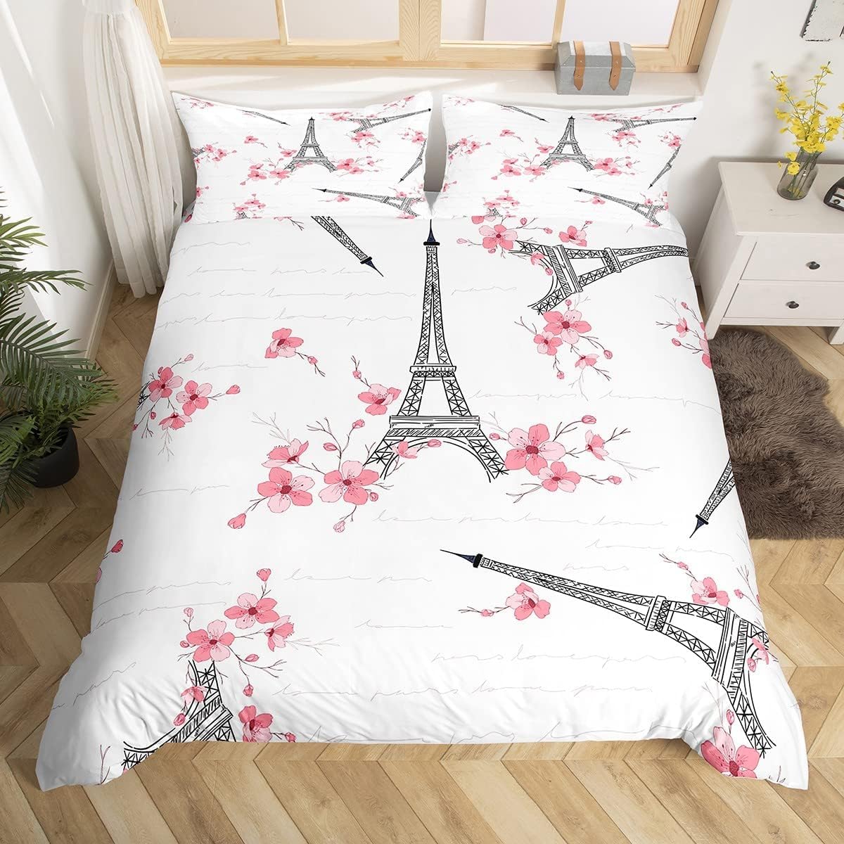 Homemissing Double Eiffel Tower Duvet Cover Set Paris Decoration Comforter Cover Set Flower Printing Bedding Set Pink Plant Decoration Comforter Cover Set Girls Adult