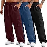 August Alley 3 Pack Big and Tall Men's Cargo Sweatpants Open Bottom Drawstring Elastic Waist Pants with Pockets Casual Hiking(Burgundy, Blue, Black,4X-Large)