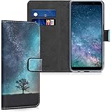 kwmobile Wallet Case for Samsung Galaxy A7 (2018) - PU Leather Protective Flip Cover with Card Slots and Stand - Cosmic Nature Blue/Grey/Black